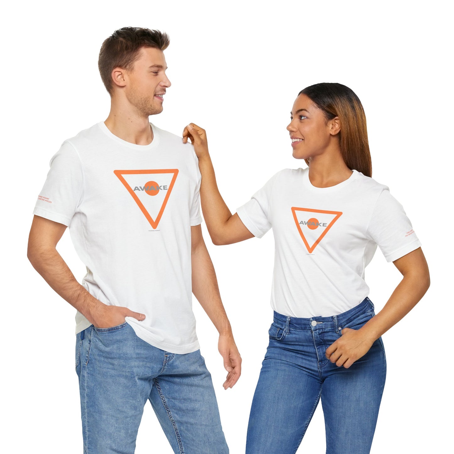 Unisex Jersey Short Sleeve Tee with 'AWAKE' Orange Triangle Design - Casual Comfort for Everyday Style