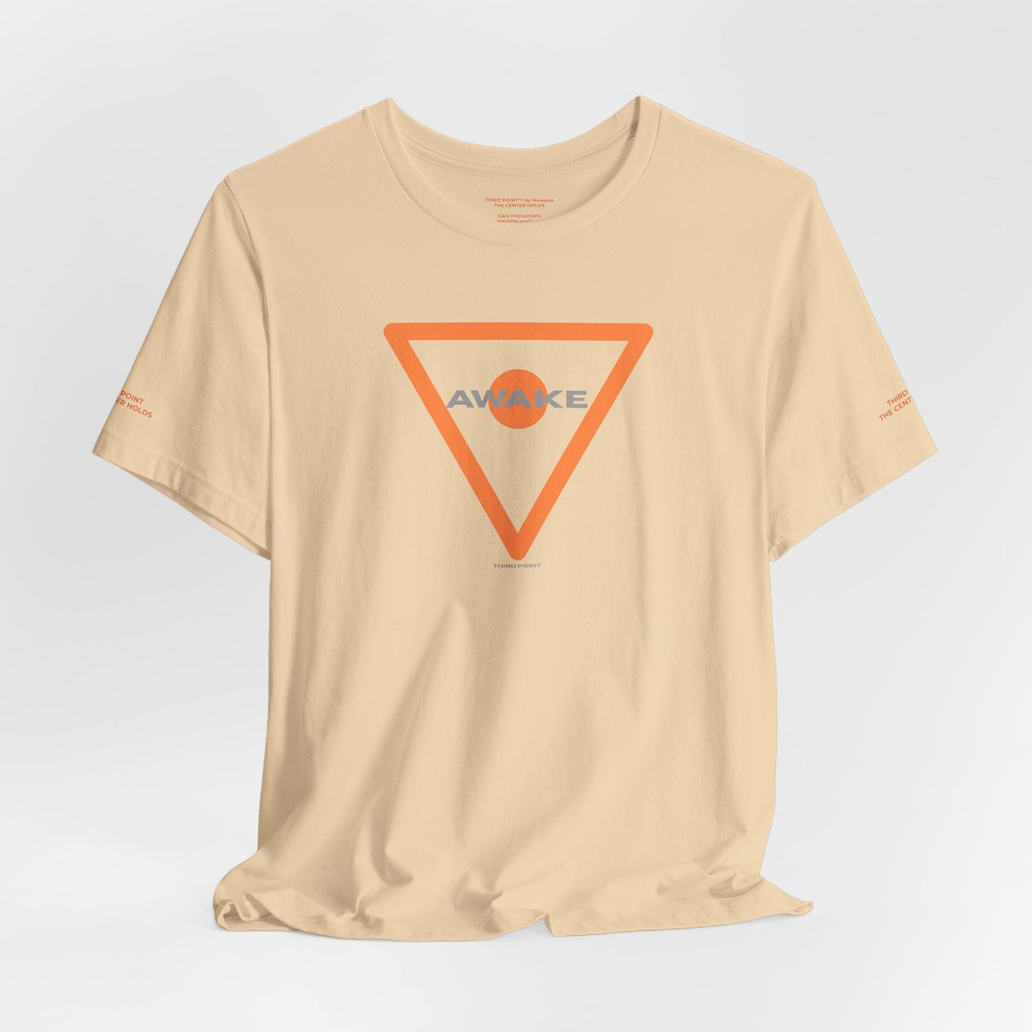 Unisex Jersey Short Sleeve Tee with 'AWAKE' Orange Triangle Design - Casual Comfort for Everyday Style