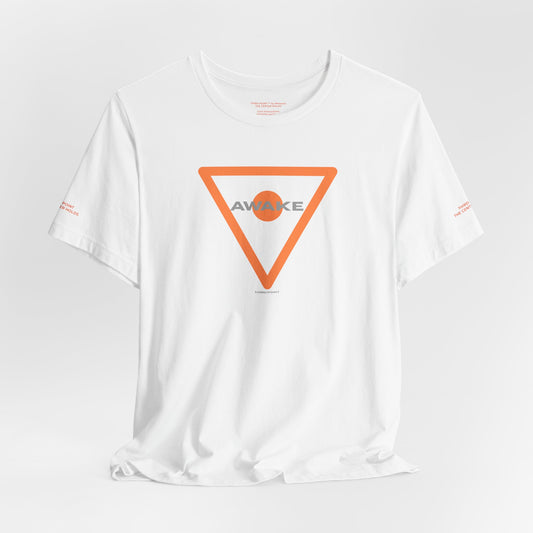 Unisex Jersey Short Sleeve Tee with 'AWAKE' Orange Triangle Design - Casual Comfort for Everyday Style