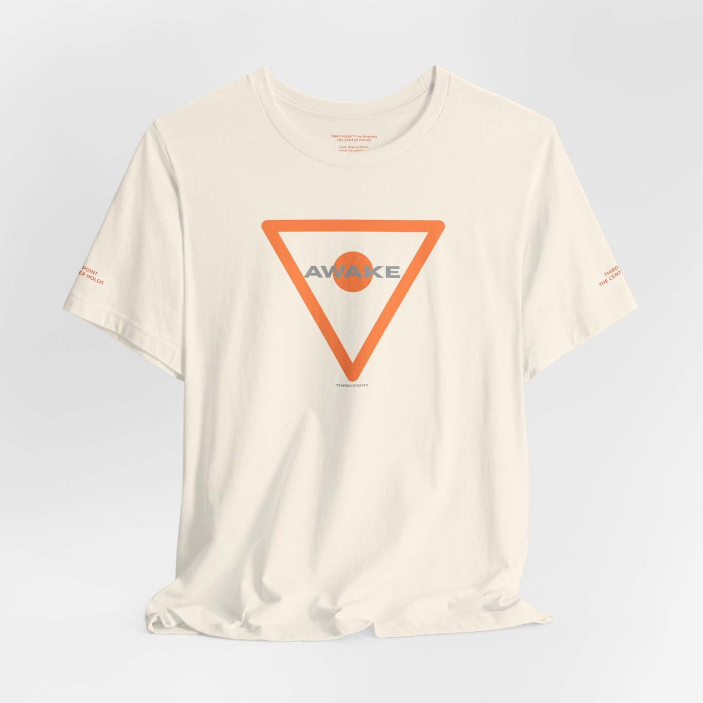 Unisex Jersey Short Sleeve Tee with 'AWAKE' Orange Triangle Design - Casual Comfort for Everyday Style